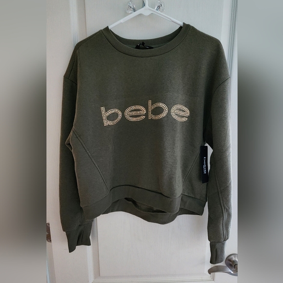 bebe Sport Sweater Cotton Warm Olive Green Gold Bling Womens Designer Medium - Picture 3 of 5
